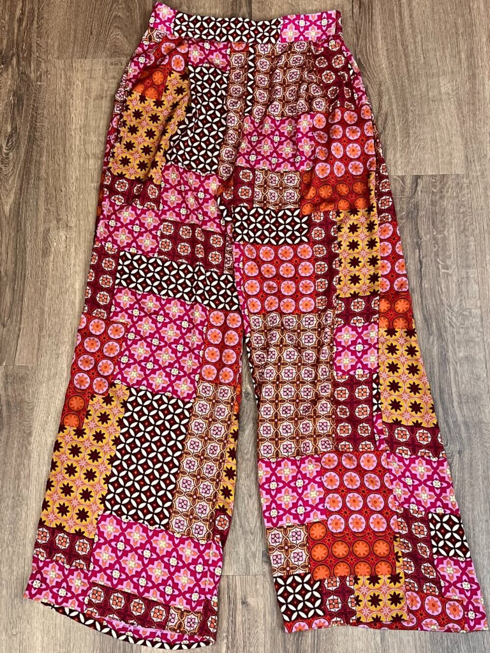 DREW | Anthropologie Magenta Patchwork Print Wide-Leg Boho Flowy Pants Sz M